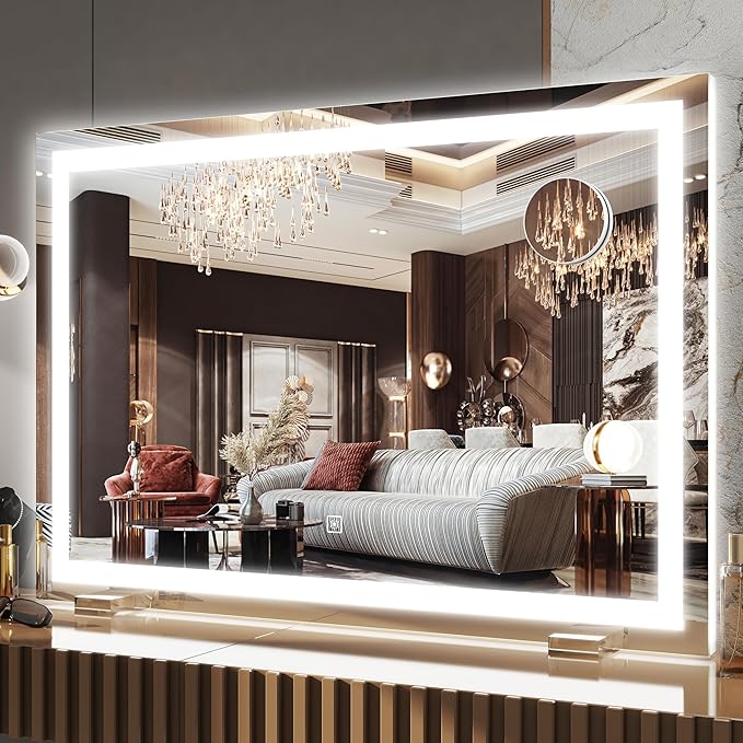 FENNIO Makeup Mirror with Lights 22"x19" ，LED Makeup Mirror ，Large Vanity Mirror with Lights，Touch Sensor with Dimmable 3 Modes, Square White