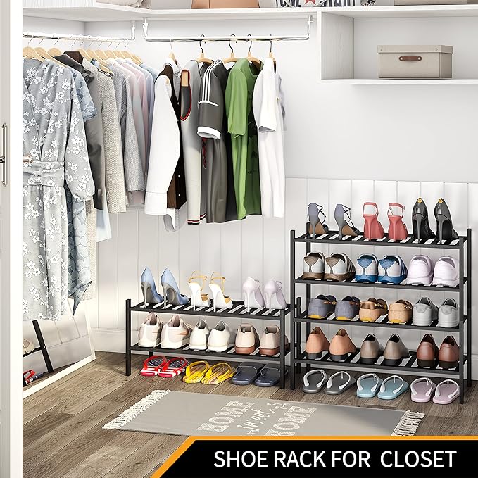 Shoe Rack, 2-Tier Bamboo Stackable Shoe Shelf Storage Organizer, Shoe Stand for Closet, Entryway and Hallway