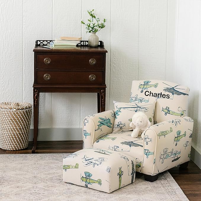 Toddler Personalized Armchair, Kids Upholstered Rocking Chair with Personalization, Toddler Chair with Personalized Name, Comfy Child Armchair, (Airplanes Print, Legs)