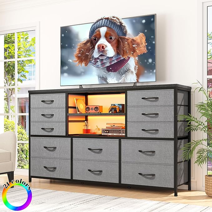 Dresser for Bedroom with LED Lights & Power Outlets 12 Drawers Dresser TV Stand for 60''TV Fabric Dressers & Chest of Drawers, Sturdy Metal Frame, Closet, Living Room, Grey, 49.2''W*11.8''D*35.4''H