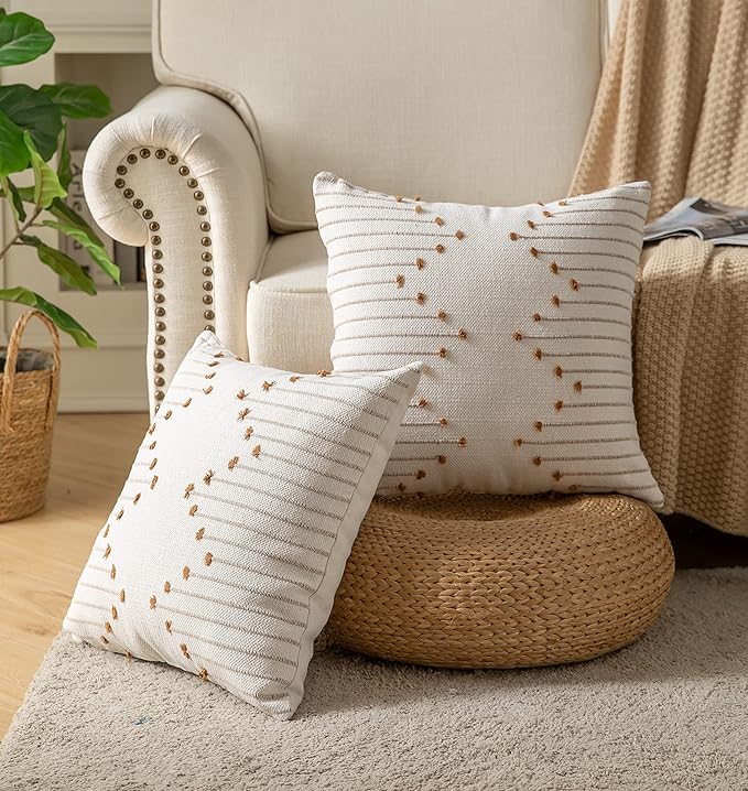 Caflife Boho Throw Pillow Covers 20x20 Set of 2 Decorative Pillows for Bed, Neutral Pillow Covers Beige with Brown Line Throw Pillows for Modern Farmhouse Couch Sofa Living Room Outdoor