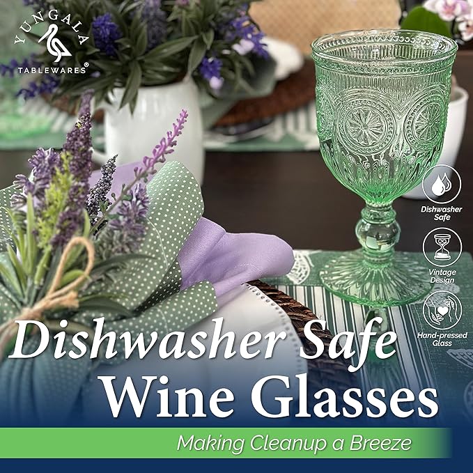 Yungala Green Wine Glasses set of 6 green goblets for lovers of green glassware or colored glassware that is dishwasher safe, sturdy and durable