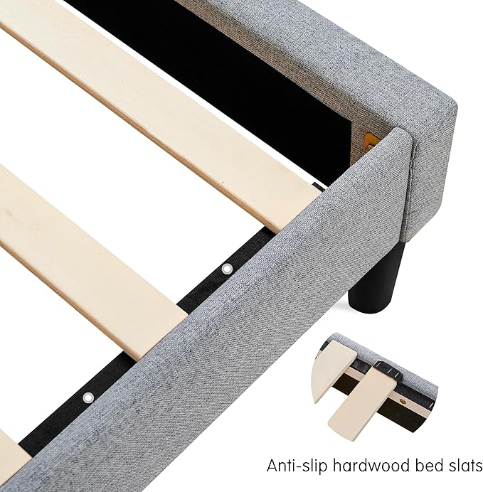 Hokway Bed Frame Upholstered Platform Bed with Headboard Wooden Slat Support No Box Spring Needed(Full, Light Gray)