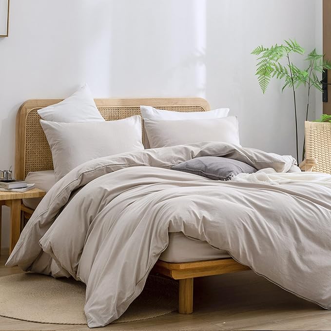 BESTOUCH Duvet Cover Set 100% Washed Cotton Linen Feel Super Soft Comfortable Chic Lightweight 3 PCs Home Bedding Set Solid Linen Grey Super King