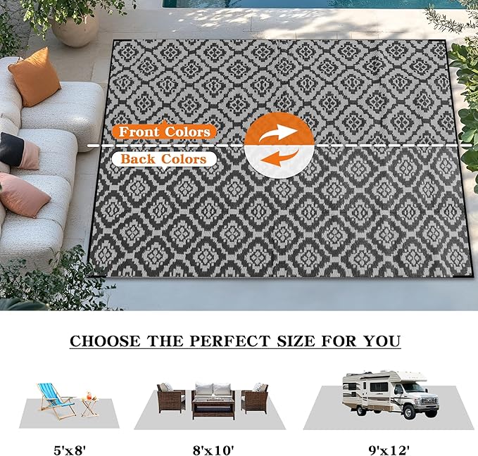 Wallona Outdoor Rugs 5x8 ft Patio Waterproof Clearance Indoor Outdoor Carpet for Patio Plastic Straw Reversible Area Rugs Mat for RV, Camping, Balcony, Beach, Picnic, Porch, Brick Black & Grey