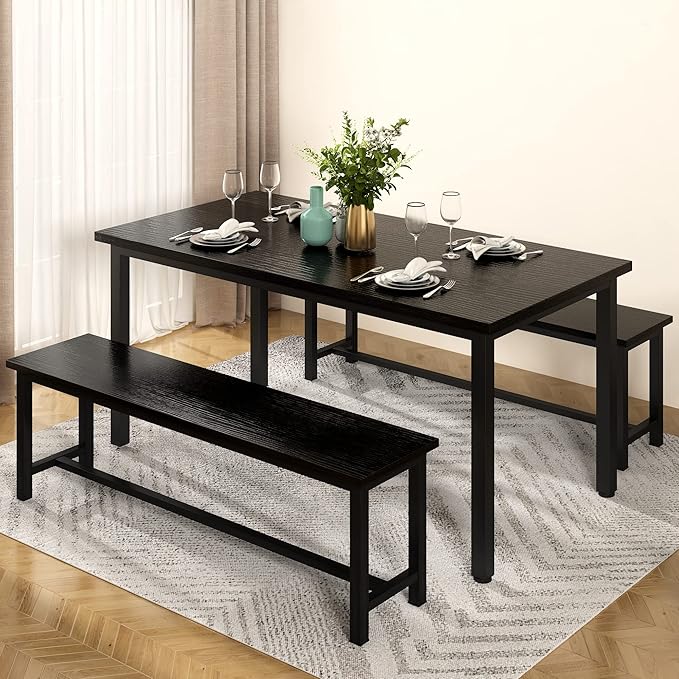 AWQM Dining Table Set with Two Benches, Kitchen Table Set for 4-6 Persons, Kitchen Table of 47.2 x 28.7 x 28.7 Inches, Bench of 41.3 x 11.8 x 17.7 Inches Each, Black