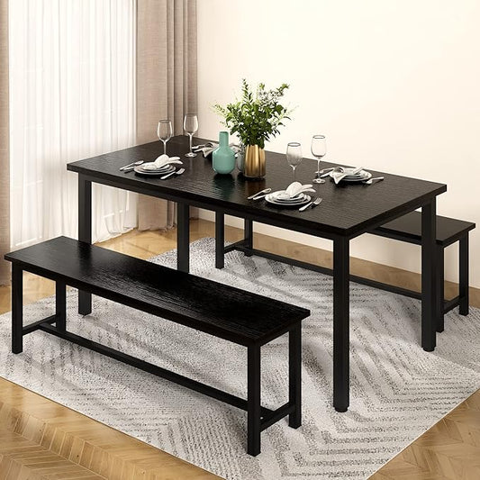 Lamerge Kitchen Table Set with 2 Benches 4 Person Dining Room Table Set for Home Kitchen, Dining Room, Restaurant, Space Saving, 47.2inch Table and 41.3inch Bench, Black
