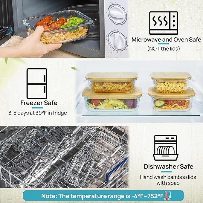 Vtopmart Glass Food Storage Containers with Bamboo Lids, 4 Pack Meal Prep Glass Containers Safe for Microwave, Oven, Freezer and Dishwasher, BPA Free