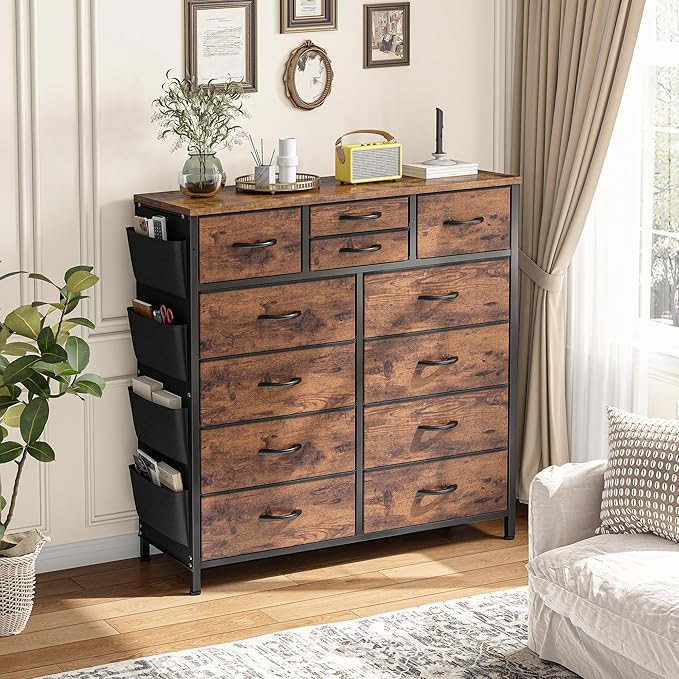 EnHomee Dresser for Bedroom with 12 Drawers, Tall Dressers & Chest of Drawers with Side Pockets, Fabric Dresser for Bedroom, Closet, Hallway, Living Room, Sturdy Metal Frame, Wood Top, Rustic Brown