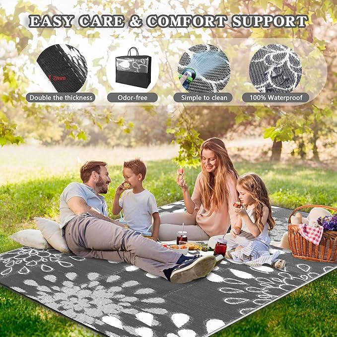Wallona Outdoor Rugs 5x8 ft Patio Waterproof Clearance Indoor Outdoor Carpet for Patio Plastic Straw Reversible Area Rugs Mat for RV, Camping, Balcony, Beach, Picnic, Porch, Flower Grey & White