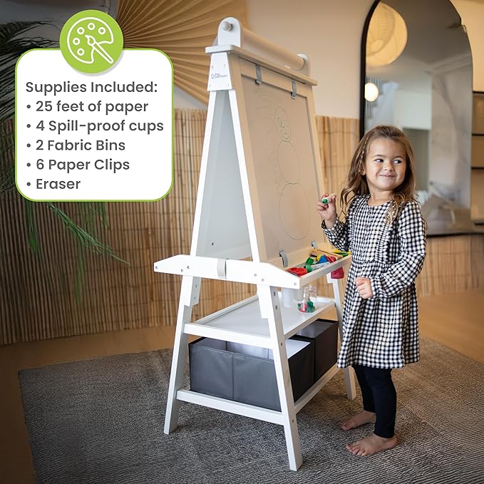 Little Partners Deluxe Learn 'N Play Toddler Easel for Kids, Two-Sided Art Center with Chalkboard, Magnetic Dry Erase Whiteboard, Paper Feed, Storage Bins, Paint Containers (Soft White)