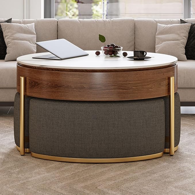 WILLIAMSPACE 31.5" Lift Top Coffee Table Set, Modern Round Marble Coffee Table with Storage & 3 Upholstered Nesting Ottomans, Accent Center Table for Living Room, Apartment