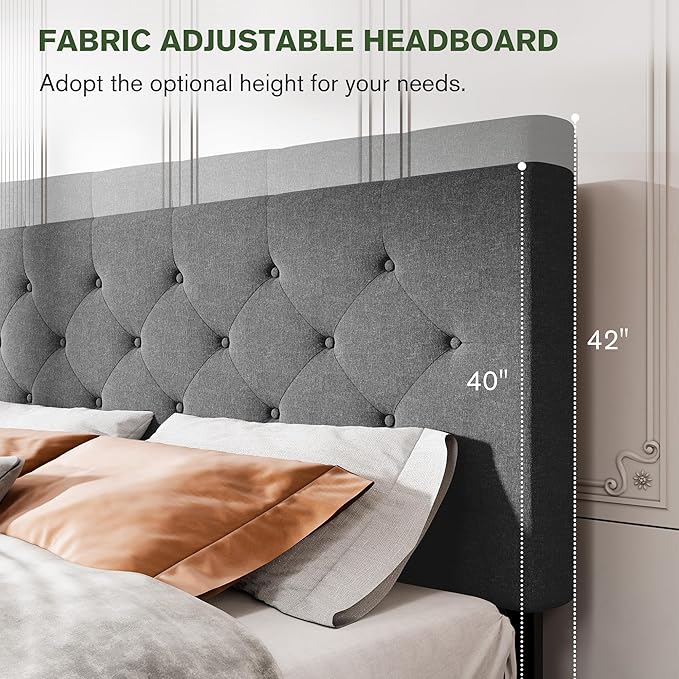 MUTICOR King Size Bed Frame with 4 Storage Drawers, Upholstered Platform Bed with Button Tufted Adjustable Headboard, No Box Spring Needed, Easy Assembly, Diamond Tufted, Dark Grey Fabric