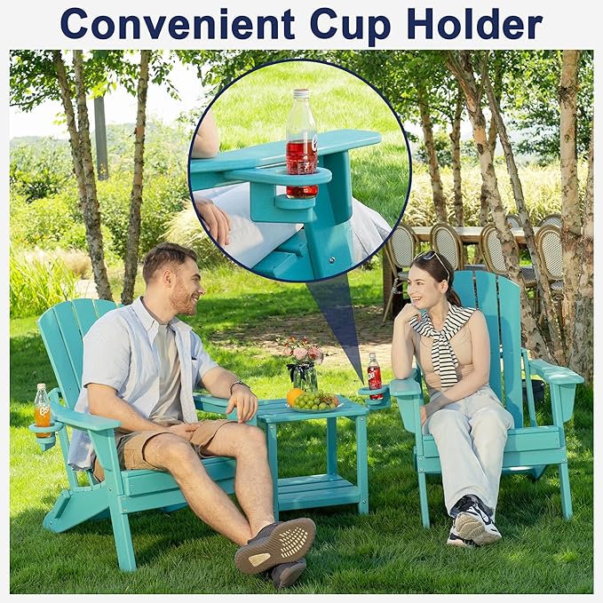 Plawdlik Folding Adirondack Chair, SGS Tested, Wooden Textured with Cup Holder, Heavy All-Weather HDPE Comfortable Set Poolside Backyard Lawn Aruba Blue