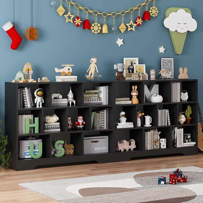 Kids Book Shelf Set of 2, 10 Cubes Storage Organizer Montessori Bookshelf, 3-Tier Wooden Kids Bookcase, Toy Storage Organizer for Children, Black Bookshelf Cube Shelf for Kid’s Room