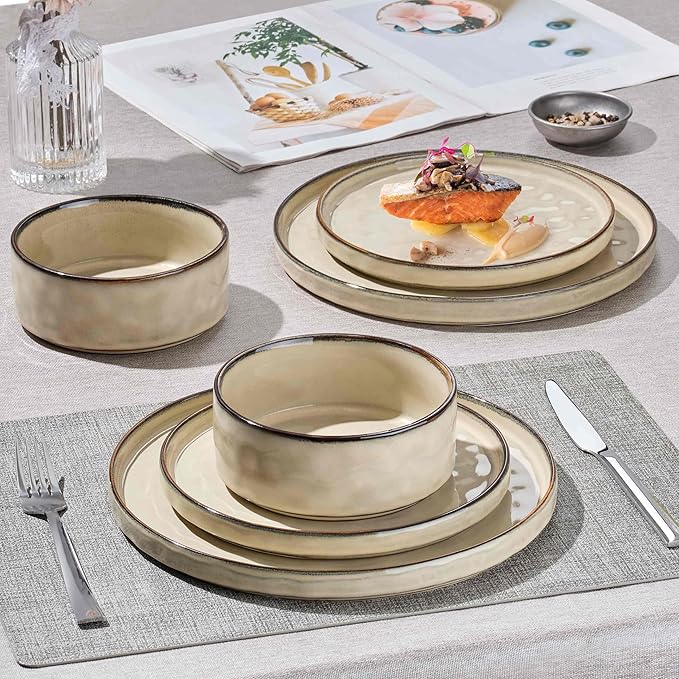 Herogo Dinnerware Dishes Sets for 4, 12 Pieces Ceramic Plates and Bowls Sets, Kitchen Dinning Dishes, Dishwasher & Microwave Safe, Cream Khaki