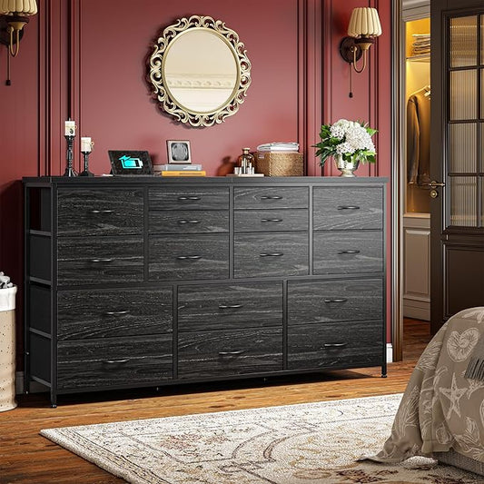 Dresser for Bedroom with 16 Fabric Drawers Long Dresser with Charging Station TV Stand for 60" TV Dressers & Chest of Drawers for Bedroom, Living Room, Closet, Black