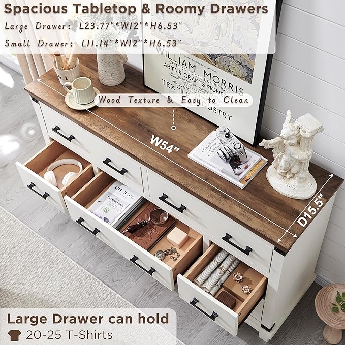 Farmhouse 7 Drawer Dresser for Bedroom - Wood Large Dressers & Chests of Drawers for Closet, 54 Inch Long Dresser with Storage for Bedroom, Living Room, Antique White