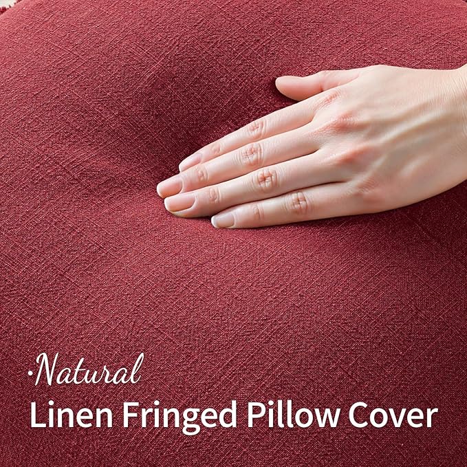 MIULEE Decorative Throw Pillow Covers Neutral Linen Fringe Throw Pillows Euro Shams Set of 2 Burgundy Boho Farmhouse Cushion Covers for Couch Sofa Bed Living Room Spring Home Decor 22x22 Inch