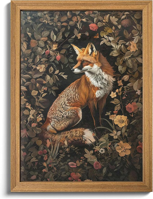Framed 3D Textured Vintage Wall Art - Dark Academia Decor Hand Drawn Sandstone Fox Paintings with Botanical Florals, Aesthetic Wall Decor for Living Room Bedroom Home 24x36 inch