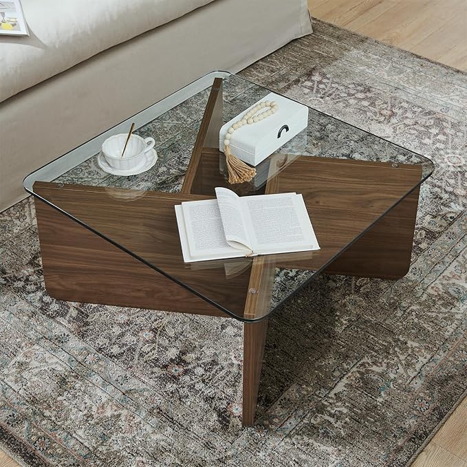 31.5" Glass Coffee Table, MDF Mid-Century Modern Square Coffee Table with Tempered Glass Top, Square Center Tables for Small Space Living Room Office Apartment, Walnut