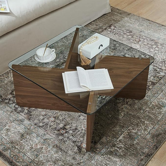 31.5" Glass Coffee Table, MDF Mid-Century Modern Square Coffee Table with Tempered Glass Top, Square Center Tables for Small Space Living Room Office Apartment, Walnut