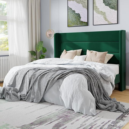 SHA CERLIN Queen Size Velvet Bed Frame/Vertical Channel Tufted Wingback Headboard/Upholstered Platform Bed with Wooden Slats/Mattress Foundation/No Box Spring Needed/Easy Assembly/Green