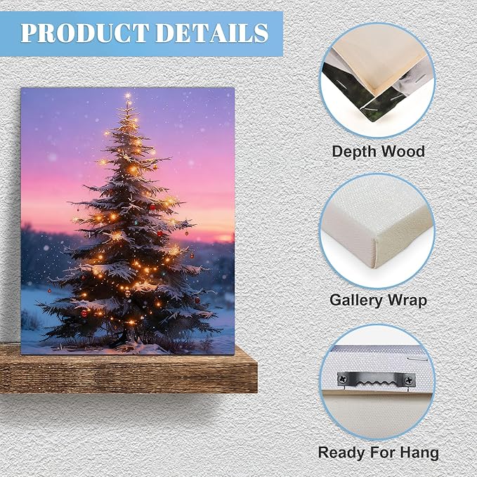Framed Christmas Pictures Wall Decor,Vintage Pine Tree Prints,Winter Christmas Canvas Wall Art Decoration for Bedroom Bathroom Living Room Rustic Xmas Holiday Gifts (Christmas Tree 12, 16'' X 20'')