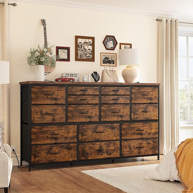 EnHomee Dressser for Bedroom Dresser with 16 Drawers TV Stand for Bedroom for 60" TV Long Dressers & Chests of Drawers Large Dresser with Charging Station, 51.5" W*11.7" D*34.6" H, Rustic Brown