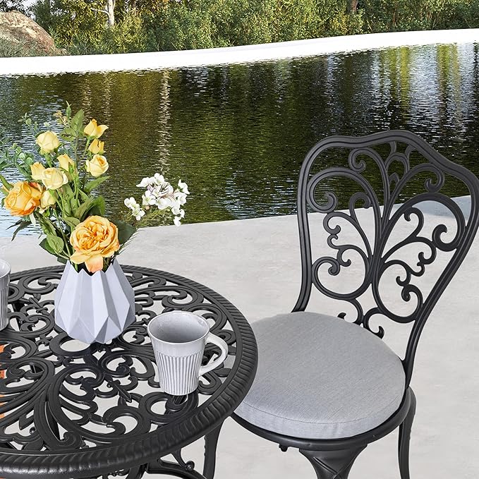 NUU GARDEN 3 Piece Outdoor Bistro Table Set, All Weather Cast Aluminum Patio Bistro Sets Patio Table and Chairs Set of 2 with Umbrella Hole for Yard, Garden, Balcony, Black