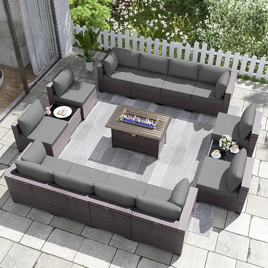 Kurapika 15 Pieces Patio Furniture Set, Rattan Wicker Outdoor Conversation Sets w/43in Propane Fire Pit Table and 4 Inch Cushion(Grey)