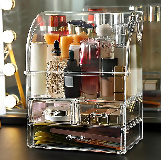 Large Acrylic Makeup Organizer With Lid Portable Dustproof And Waterproof Cosmetic Storage Drawers Box For Women (Clear, 12.5in x 9.5in x 6.3in)