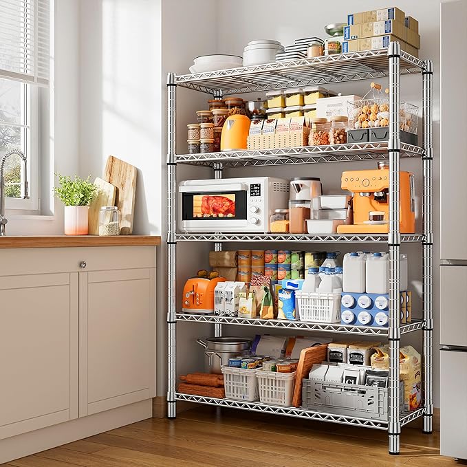 REIBII 5-Tier Wire Shelving - Heavy Duty Metal Shelves for Loads up to 1200LBS, Adjustable Garage & Pantry Storage, 71H X 35.5W X 14D, Chrome