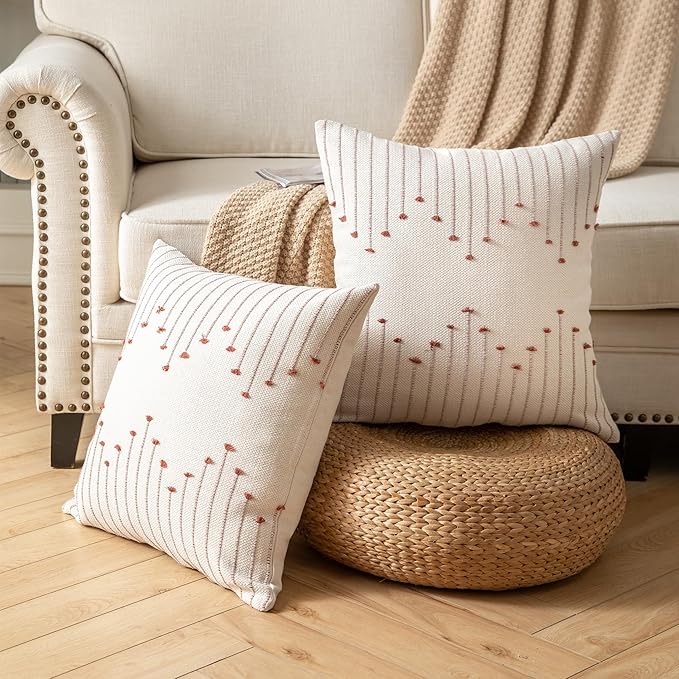 Caflife Boho Throw Pillow Covers 24x24 Set of 2 Decorative Pillows for Bed, Neutral Pillow Covers Beige with Green Line Throw Pillows for Modern Farmhouse Couch Sofa Living Room Outdoor