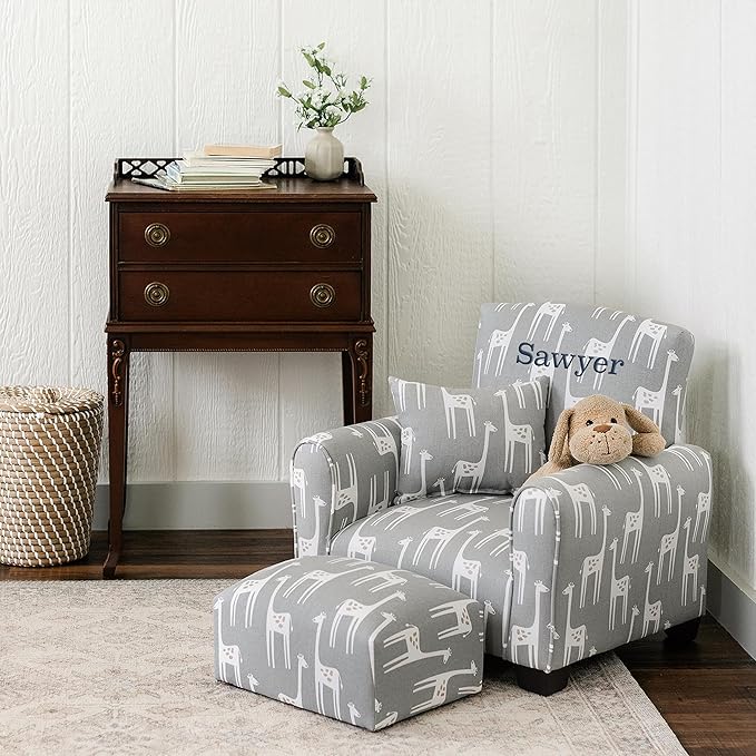 Toddler Personalized Armchair, Kids Upholstered Rocking Chair with Personalization, Toddler Chair with Personalized Name, Comfy Child Armchair, (Grey Giraffes Print, Legs)