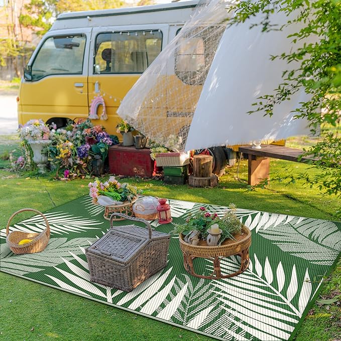 GENIMO Outdoor Rug 9' x 12' Waterproof for Patios Clearance, Reversible Outdoor Plastic Straw Camping Rug Carpet, Large Area Rugs Mats for RV, Picnic, Backyard, Deck, Balcony, Porch, Dark Green&White