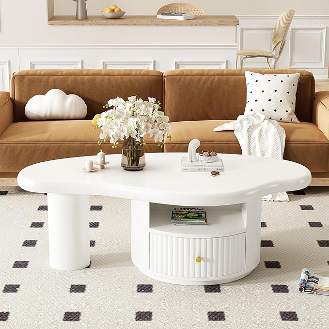WILLIAMSPACE 43.3" Cloud Coffee Table with Drawer and Shelf, Modern Irregular Shape Coffee Table Storage Center Table Accent Side End Table for Living Room Apartment, White