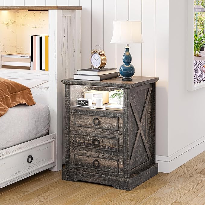 Nightstand with Charging Station,Farmhouse End Side Table with 3 Drawers and Open Storage,Smart Bedside Table with LED Light & Human Sensor, Brown