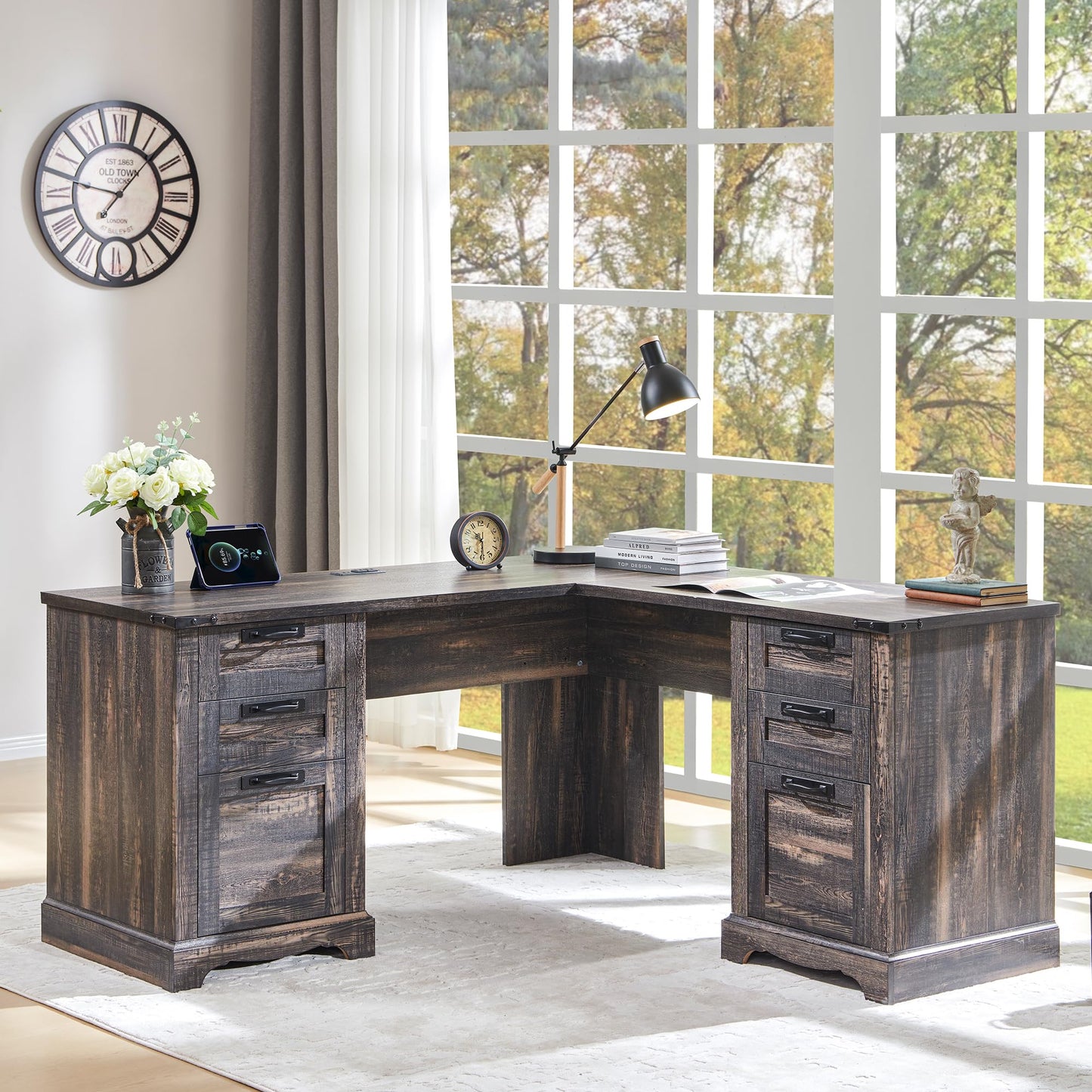 RedLemon 60" Farmhouse L Shaped Executive Desk with Drawers, Wood Home Office Corner Desk with Charging Station, File Drawer, Storage Cabinet, Rustic Computer Writing Desk (Dark Rustic Oak)