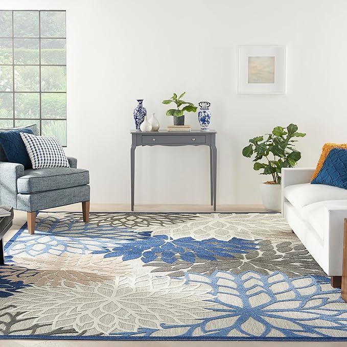 Nourison Aloha Indoor/Outdoor Blue/Multicolor 10' x 14' Area Rug, Tropical, Botanical, Easy Cleaning, Non Shedding, Bed Room, Living Room, Dining Room, Deck, Backyard, Patio (10x14)