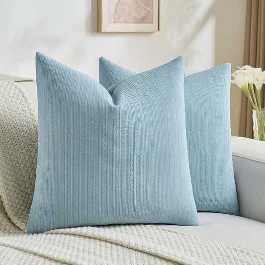 FUTEI Denim Blue Decorative Throw Pillow Covers 22x22 Inch Set of 2,Soft Cozy Wheat Ear Striped Patterns Cushion Cases,Modern Home Decor for Couch Bed Living Room
