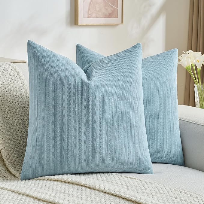 FUTEI Denim Blue Decorative Throw Pillow Covers 18x18 Inch Set of 2,Soft Cozy Wheat Ear Striped Patterns Cushion Cases,Modern Home Decor for Couch Bed Living Room