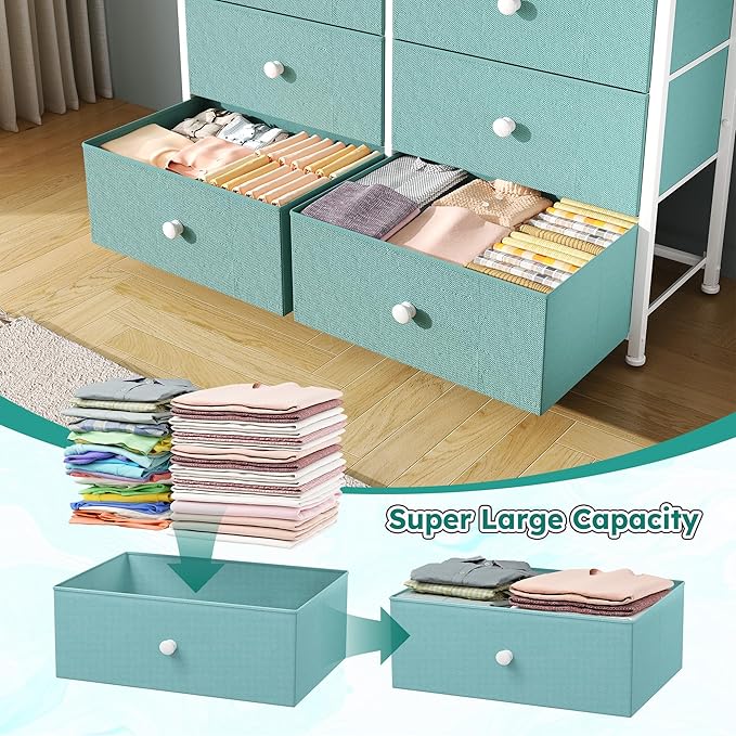Dresser for Bedroom with 12 Drawers Tall Dressers for Bedroom Fabric Dressers & Chest of Drawers with Sturdy Metal Frame, Wood Top, for Woman, Closet, 40.6" W x 11.8" D x 44.5" H (Turquoise)