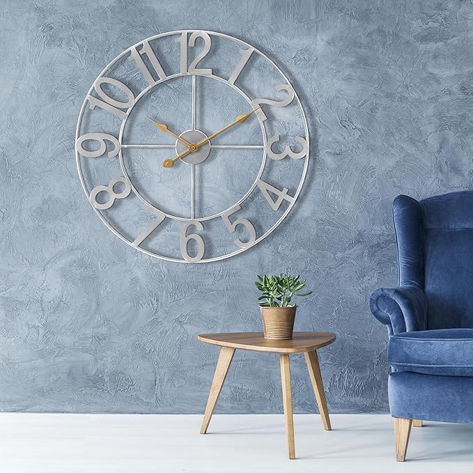 Sorbus 24-Inch Large Wall Clock – Decorative Silver Metal Clock with Gold Hands – Silent, Battery Operated, Modern Wall Decor for Living Room, Kitchen, or Office, Great Gift for Housewarming or Office