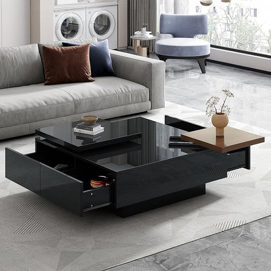 WILLIAMSPACE 31.5" Movable Top Coffee Table with 4 Hidden Storage Drawers & High Gloss Finish, Modern Square Wood Center Table Accent Side End Tea Table for Living Room, Black