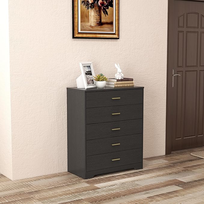 Panana Dresser for Bedroom with 4/5 Drawers, Wooden Chest of Drawers, Storage Organizer Unit Dressers for Bedroom, Living Room, Hallway, Nursery (Black, 5 Drawer)
