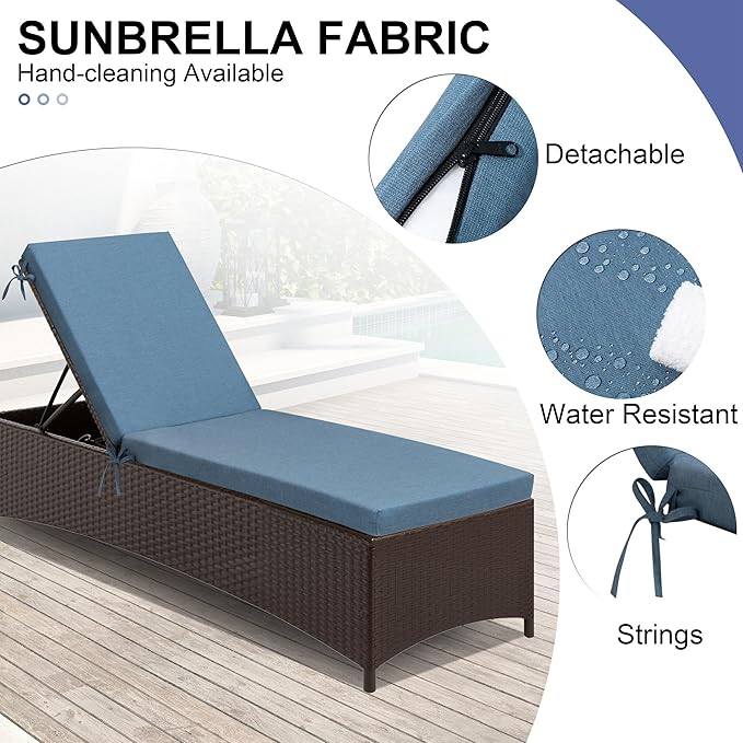 Crestlive Products Sunbrella Chaise Lounge Cushion, Outdoor Chair Cushion for Patio Furniture, Waterproof Lounge Cushions for Pool, Deck, Lawn, 72''L x 21''W, Denim Blue