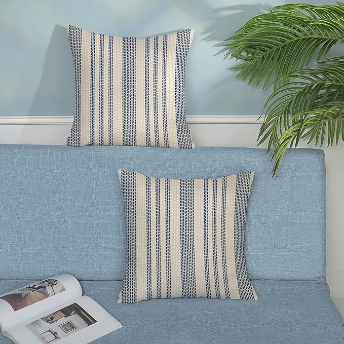 Boho Pillow Covers 18x18 Pack of 2 Blue Polka Dot Stripes Decorative Throw Pillow Covers Bohemian Abstract Modern Decoration Pillowcase Farmhouse Linen Cushion Case for Home Couch,Outdoor Decor