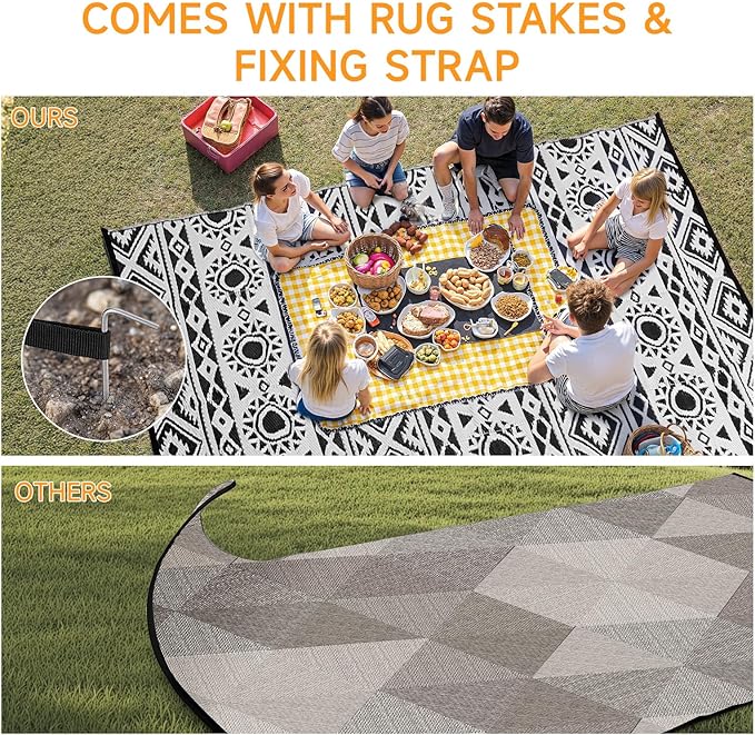Outdoor Rug Waterproof 8x10 ft, Reversible Outdoor Plastic Straw Rug Patio Rug, RV Rugs for Outside, Outdoor Carpet for Patio Camping Deck Balcony Backyard, Black & White