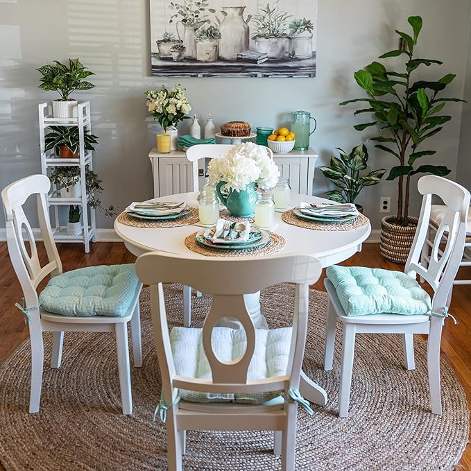 Barnett Home Decor Madrid Aqua Dining Chair Pad with Ties - 15 x 17 Size Small Chair Cushion - Latex Foam Fill - Machine Washable, Reversible, 100% Cotton, Made in USA (Turquoise Gingham Check)
